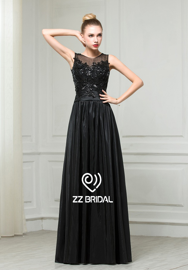 ZZ nupcial 2017 barco cuello de encaje apliques negro vestido largo de noche