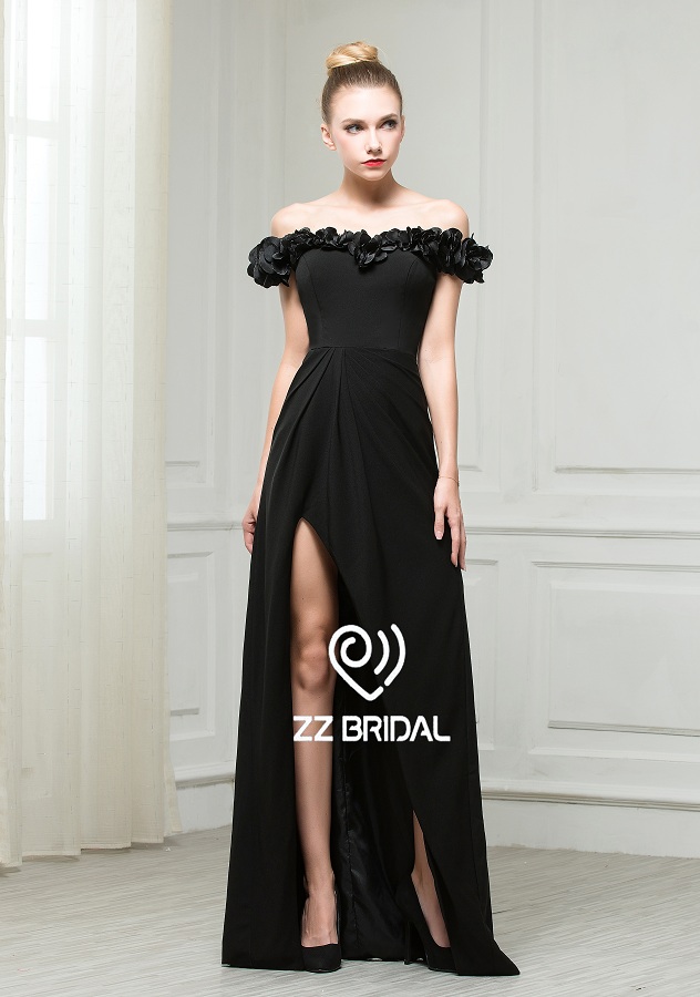 ZZ nupcial 2017 flor cuello de hombro rizado Negro vestido largo de noche