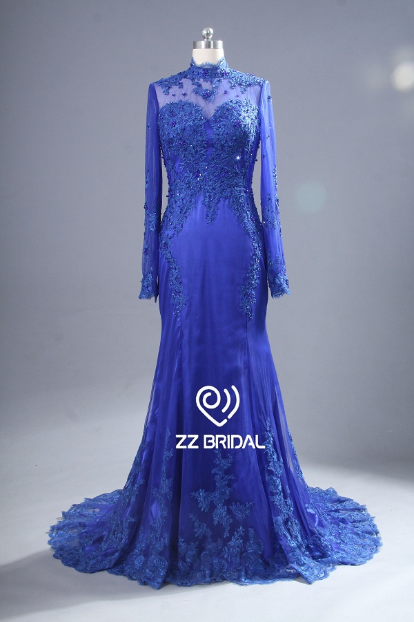 ZZ bridal 2017 high neck lace appliqued blue long evening dress