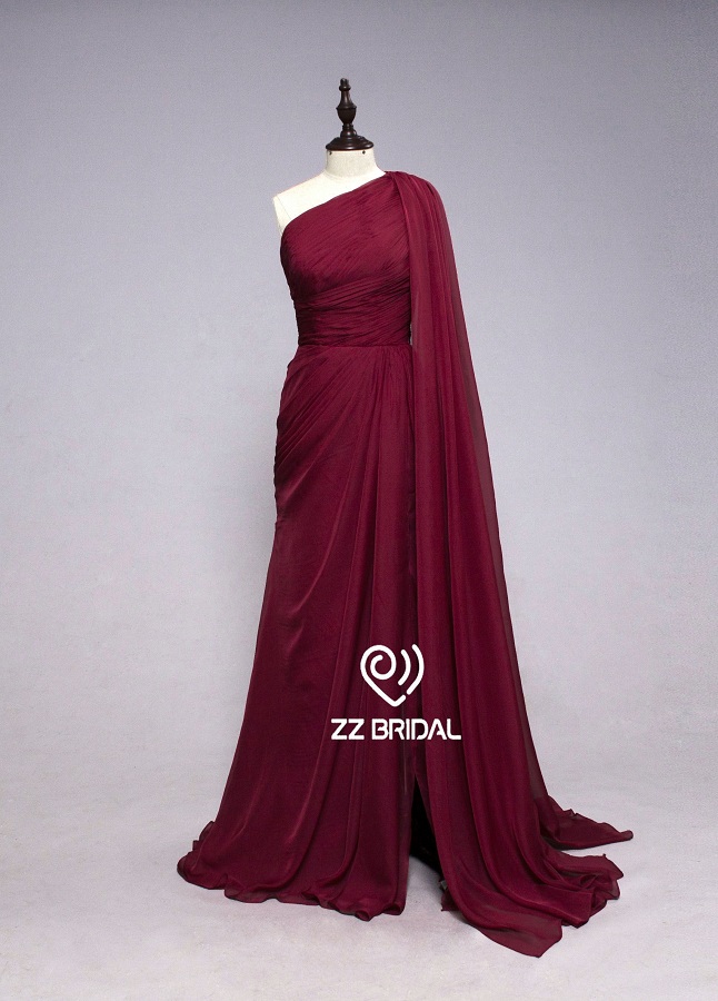 ZZ nupcial 2017 1 bufanda de hombro con volantes Claret-rojo vestido de noche largo