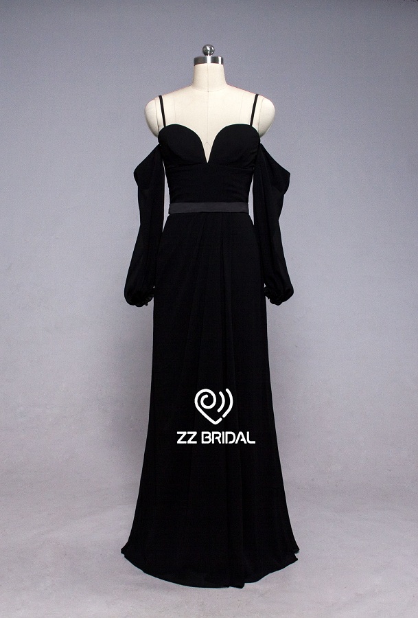 ZZ nupcial 2017 espaguetis correa escote corazón negro vestido de noche largo