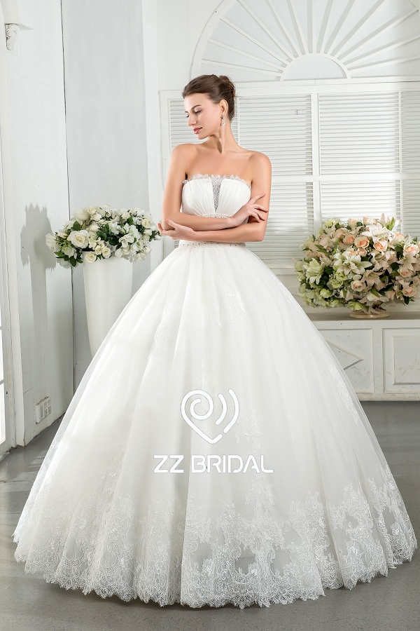ZZ nupcial 2017 sin tirantes con volantes de encaje apliques Vestido de fiesta de la boda