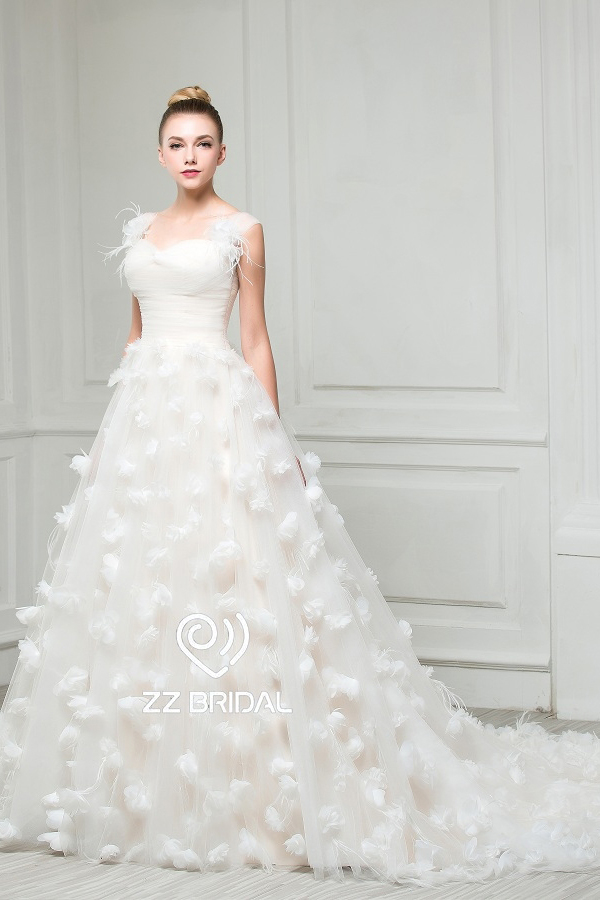 ZZ bruids 2017 handgemaakte bloemen strapless gegolfde a-lijn trouwjurk