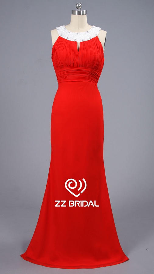 ZZ halter nupcial con cuentas de Gasa rizado Vestido de noche largo sirena