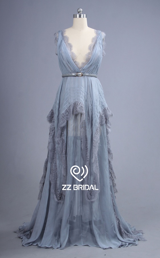 ZZ nupcial v-cuello y v-back de plata rizado una línea de largo vestido de noche