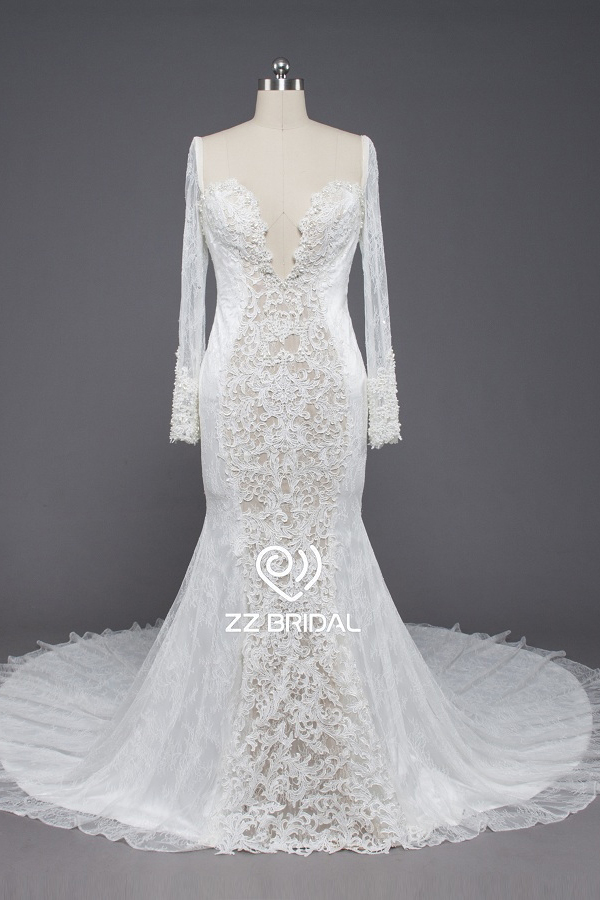 ZZ Bridal 2017 V-collo e manica lunga sciarpa pizzo abito da sposa