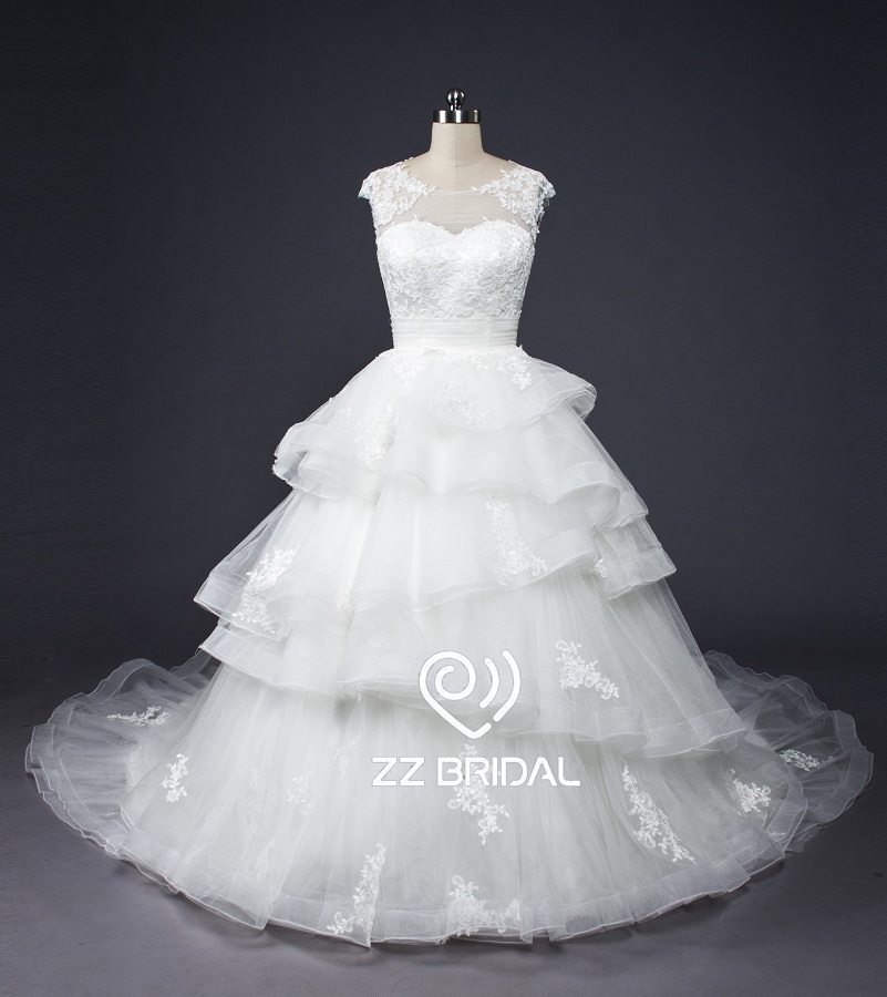 ZZ bridal capsleeve ruffled lace appliqued ball gown wedding dress