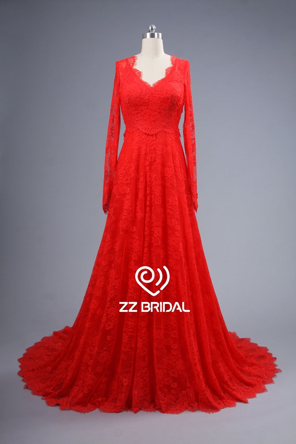 ZZ bridal long sleeve V-neck red lace A-line long evening dress