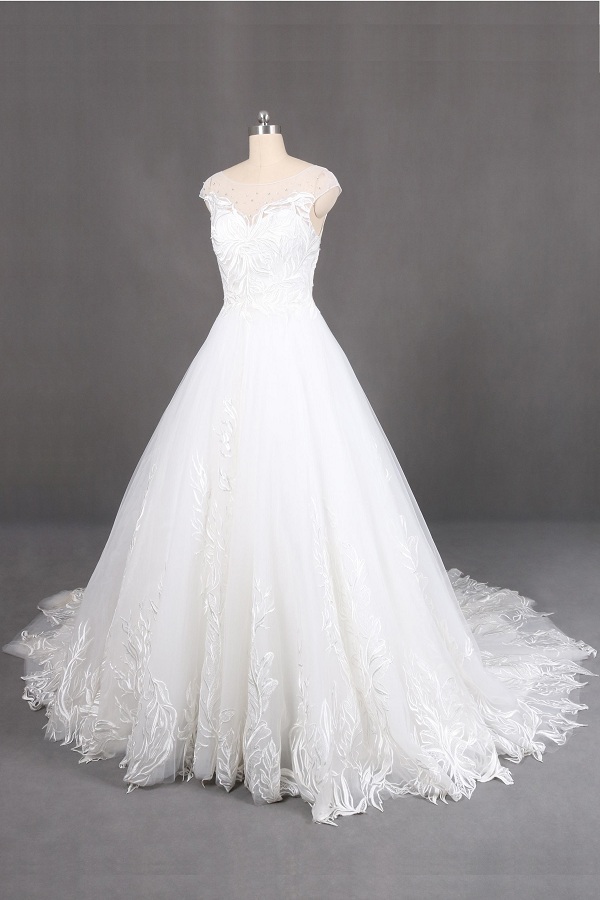 ivory long train wedding gowns with handmade lace applique capshoulder wedding dress