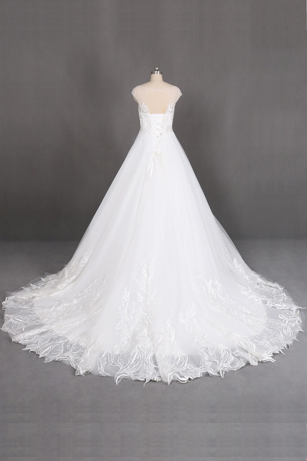 ivory long train wedding gowns with handmade lace applique capshoulder wedding dress