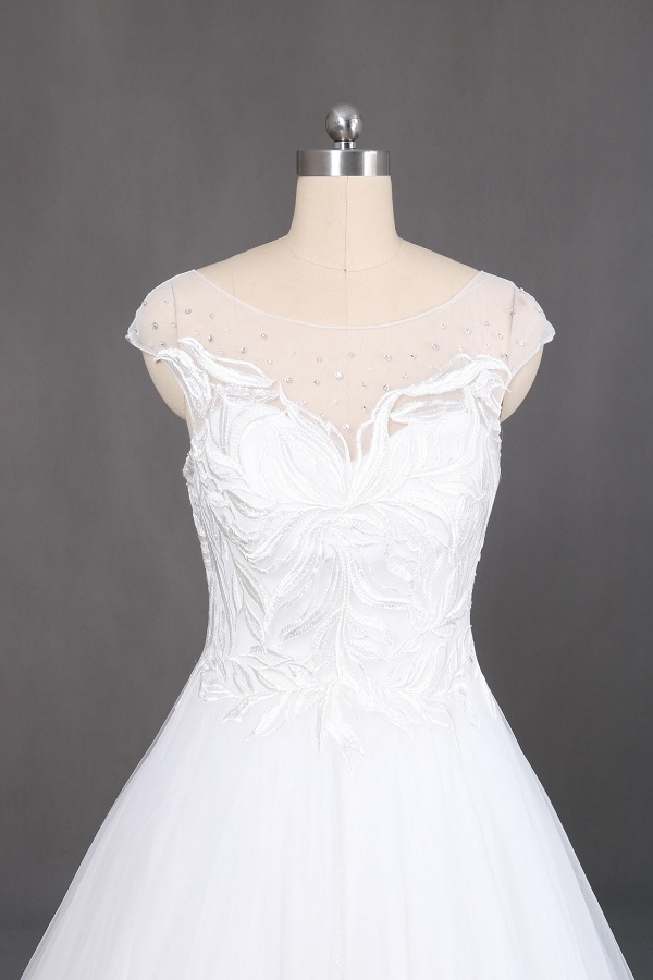 ivory long train wedding gowns with handmade lace applique capshoulder wedding dress