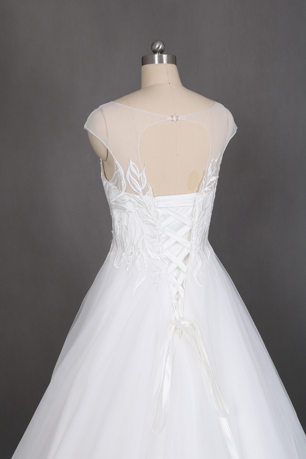 ivory long train wedding gowns with handmade lace applique capshoulder wedding dress