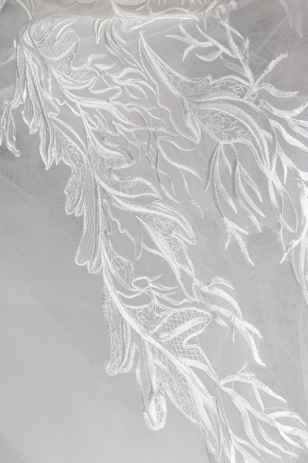 ivory long train wedding gowns with handmade lace applique capshoulder wedding dress