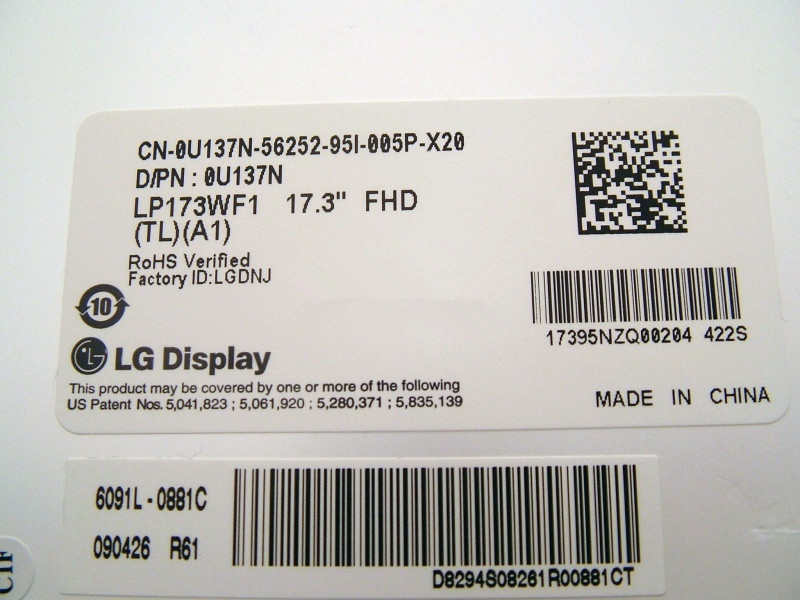 17.3 "LG Display WLED arka aydınlatma dizüstü LED panel LP173WF1-TLB6 1920 × 1080 cd / m2 300 ° C / R 600: 1