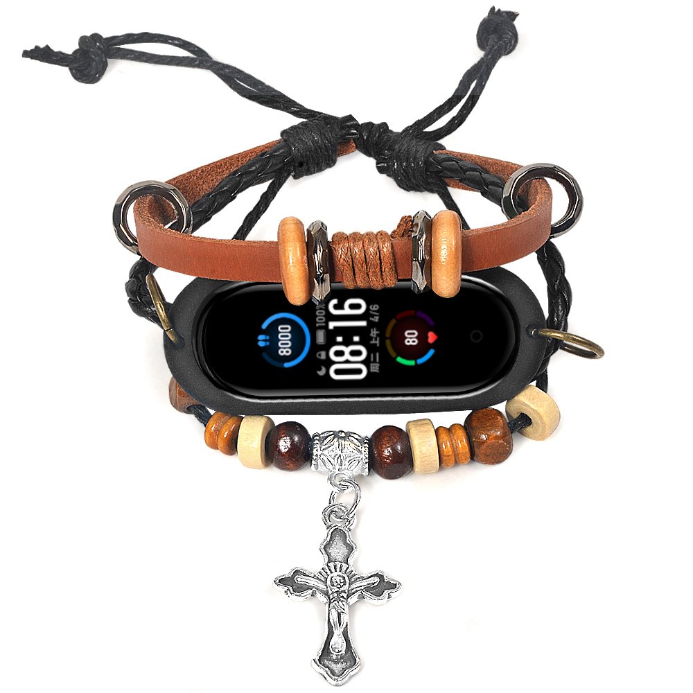 CBXM527 Vintage Braided PU Leather Strap For Xiaomi Mi Band 5 With Silicone Case