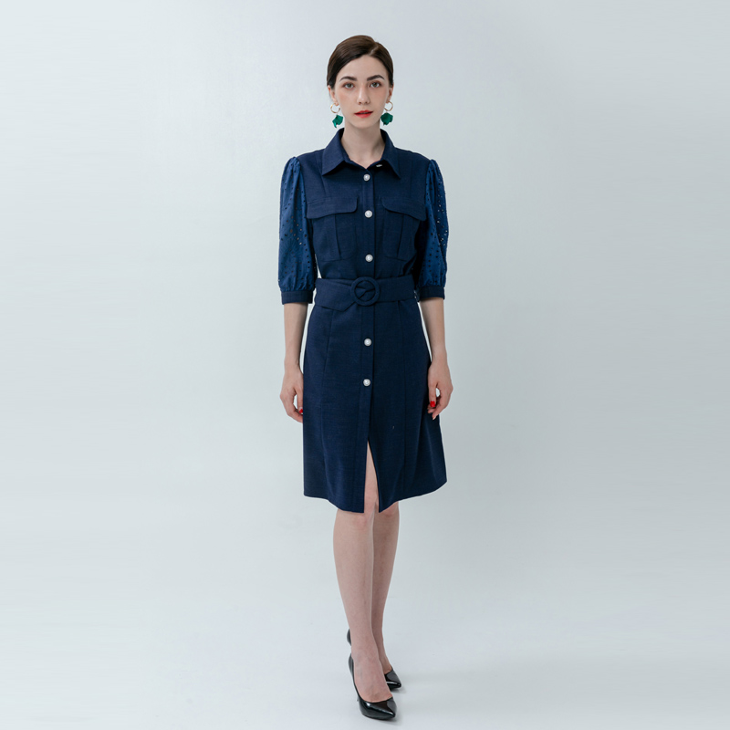 Dames pofmouwen jurk met parels knopen voorzijde