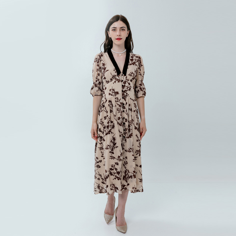 Ladies V-neck Midi Jacquard Dress
