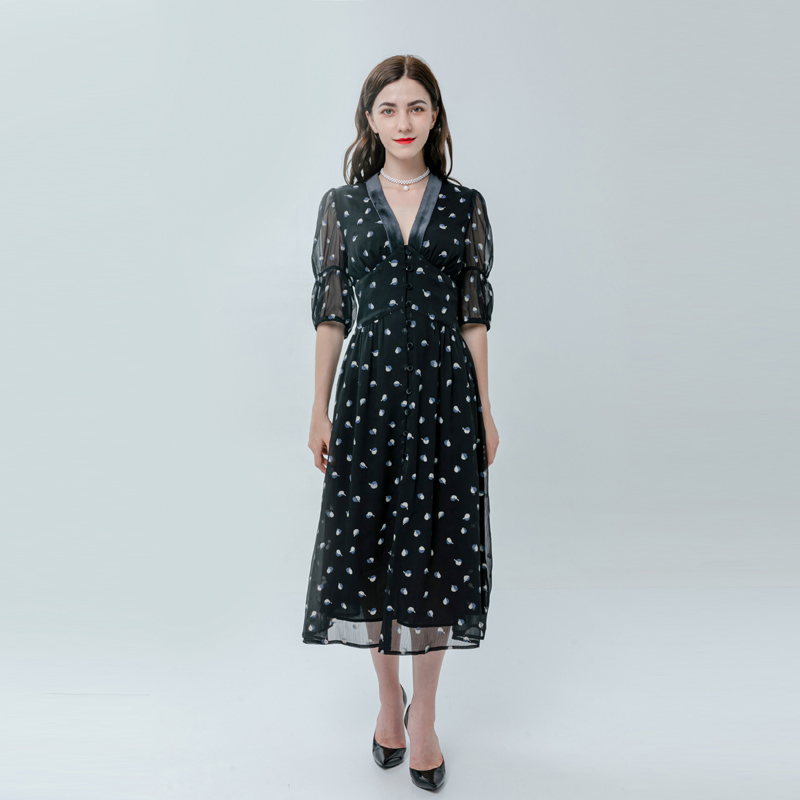 女士V领中长印花连衣裙