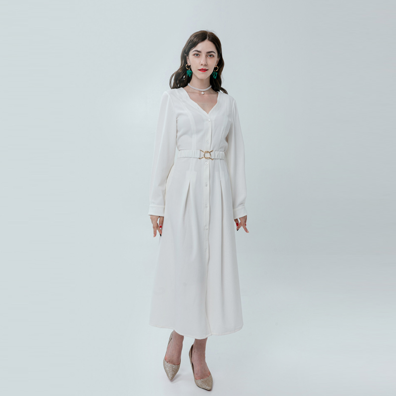 V领衬衫式带腰长连衣裙
