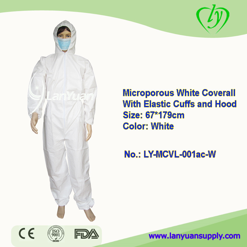 Microporous White Disposable Coverall With Elastic Cuffs and Hood