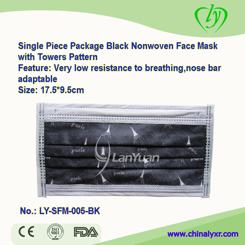 Single Piece Package Black Nonwoven Face Mask with Towers Pattern