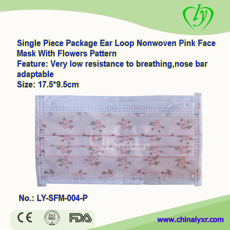 Single Piece Package Ear Loop Nonwoven Pink Face Mask With Flowers Pattern