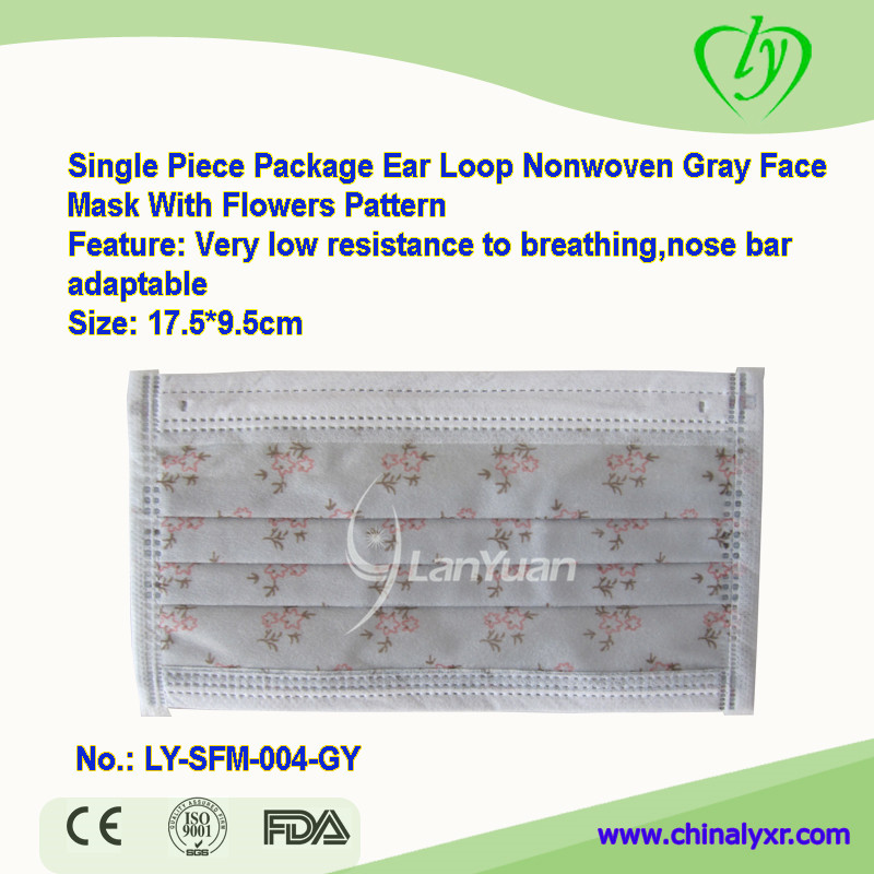 Single Piece Package Nonwoven Gray Face Mask with Flowers Pattern