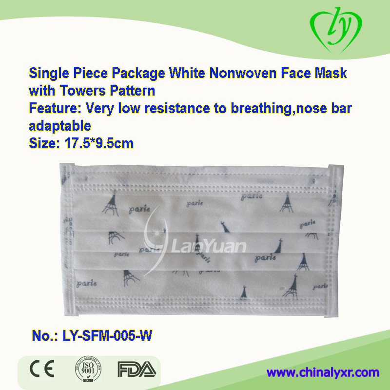 Single Piece Package White Nonwoven Face Mask with Towers Pattern