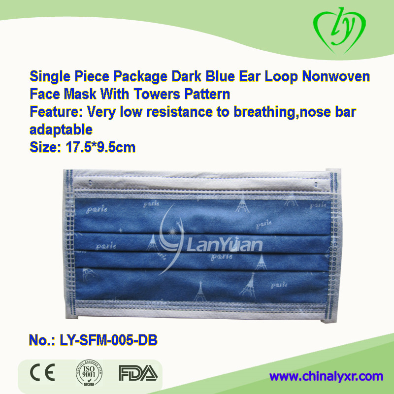 Single-piece Package Dark Blue Nonwoven Face Mask With Towers Pattern