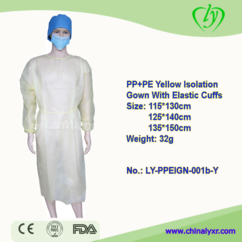 Yellow PP+PE Isolation Gown With Elastic Cuffs