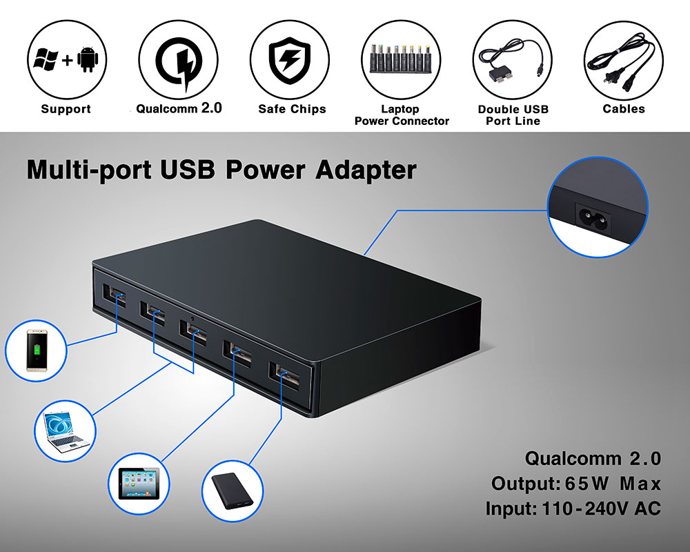 5 ports USB QC2.0 Adapter Can charge Laptop,Tablet,Smart phone at the same time.