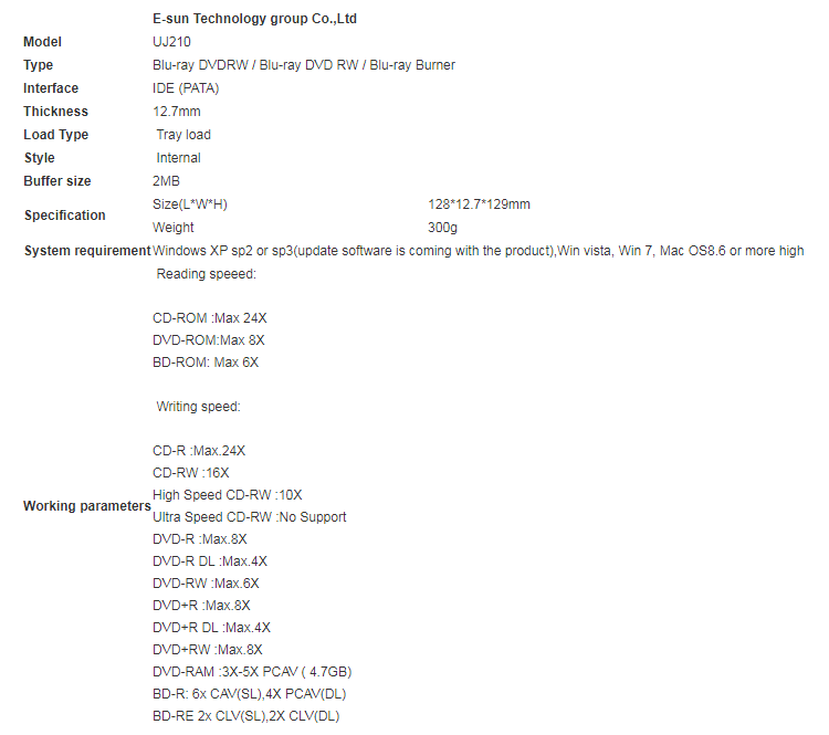 Panasonic UJ210 Internal 12.7mm IDE Tray-load Blu-ray DVDRW