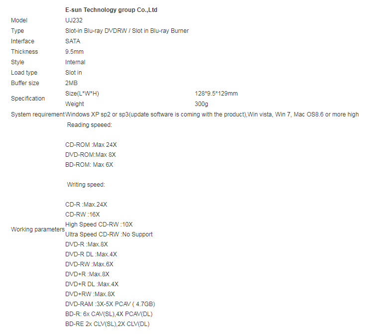 UJ232 Internal Optical Drive Product description