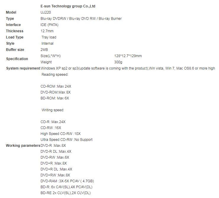 Panassonic UJ220 Internal Blu-ray 8X IDE Tray-load DVDRW Optical Drive