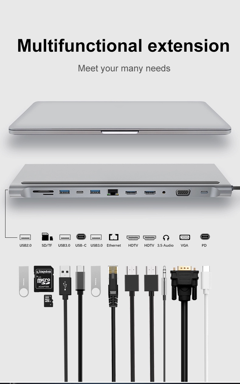 E-Sun 12 in 1 Type c hub Dock to RJ45 with 3.0 USB SD/TF Card Reader Dual 4K RJ45 VGA USB Splitter Multi HUB USB-C HUB