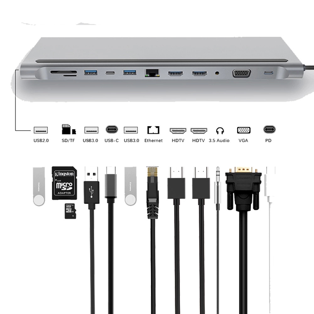 12 in 1 Type c hub Dock to RJ45 with 3.0 USB SD/TF Card Reader Dual 4K RJ45 VGA USB Splitter Multi HUB   USB-C HUB