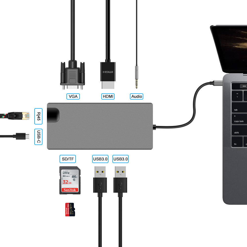 Type c hub with RJ45 VGA TF SD USB 3.0 * 2 Audio jack PD with Ethernet