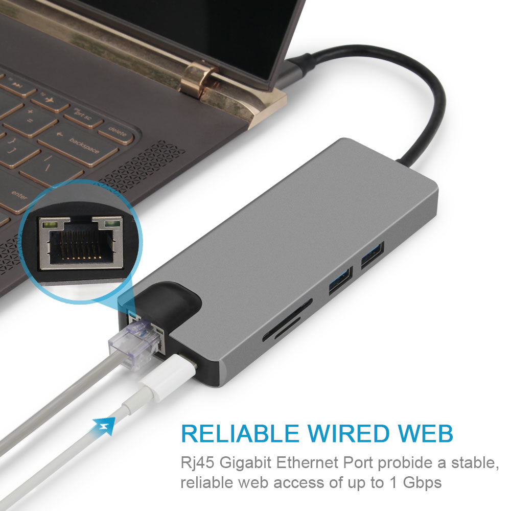 Type c hub with RJ45 VGA TF SD USB 3.0 * 2 Audio jack PD with Ethernet