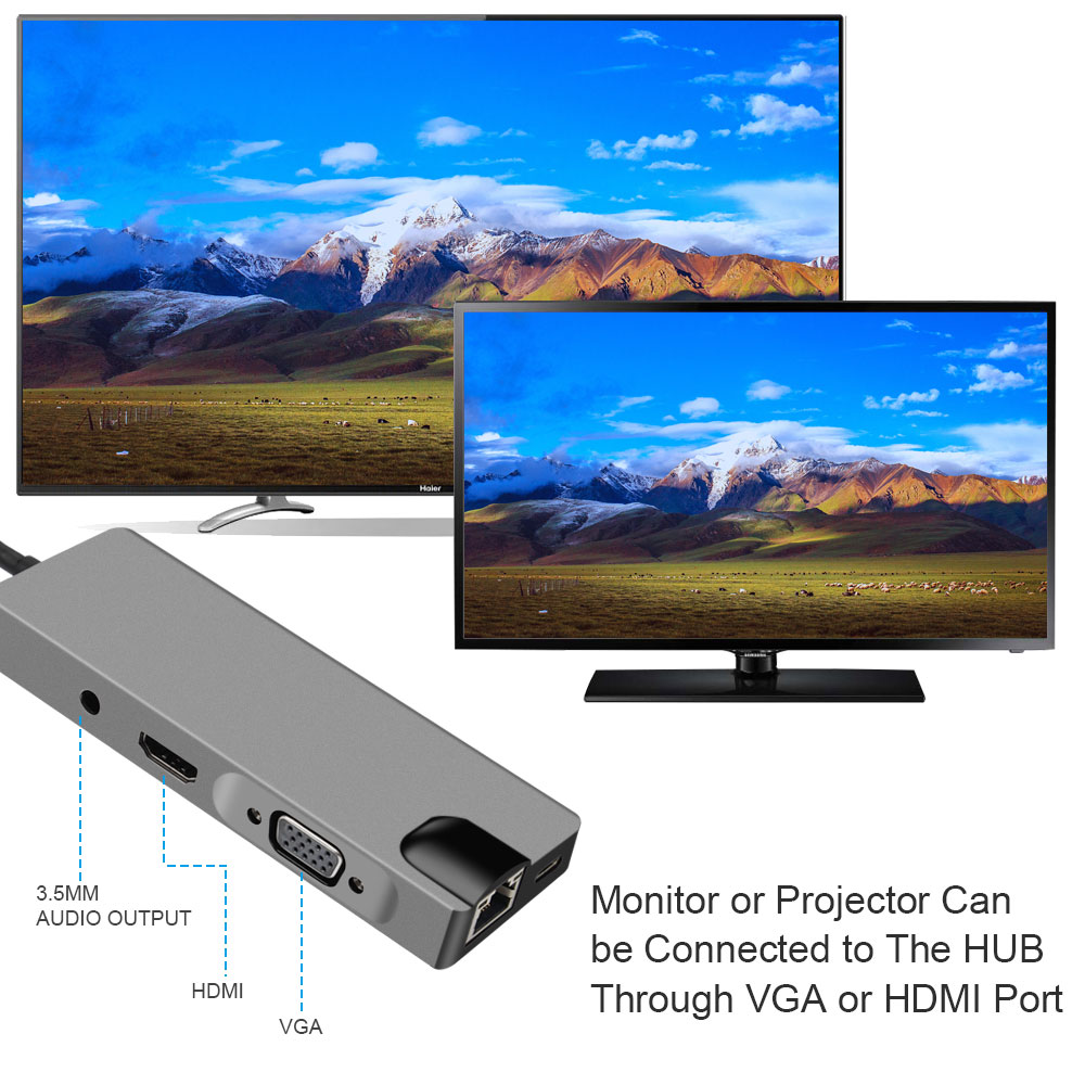 Type c hub with RJ45 VGA TF SD USB 3.0 * 2 Audio jack PD with Ethernet