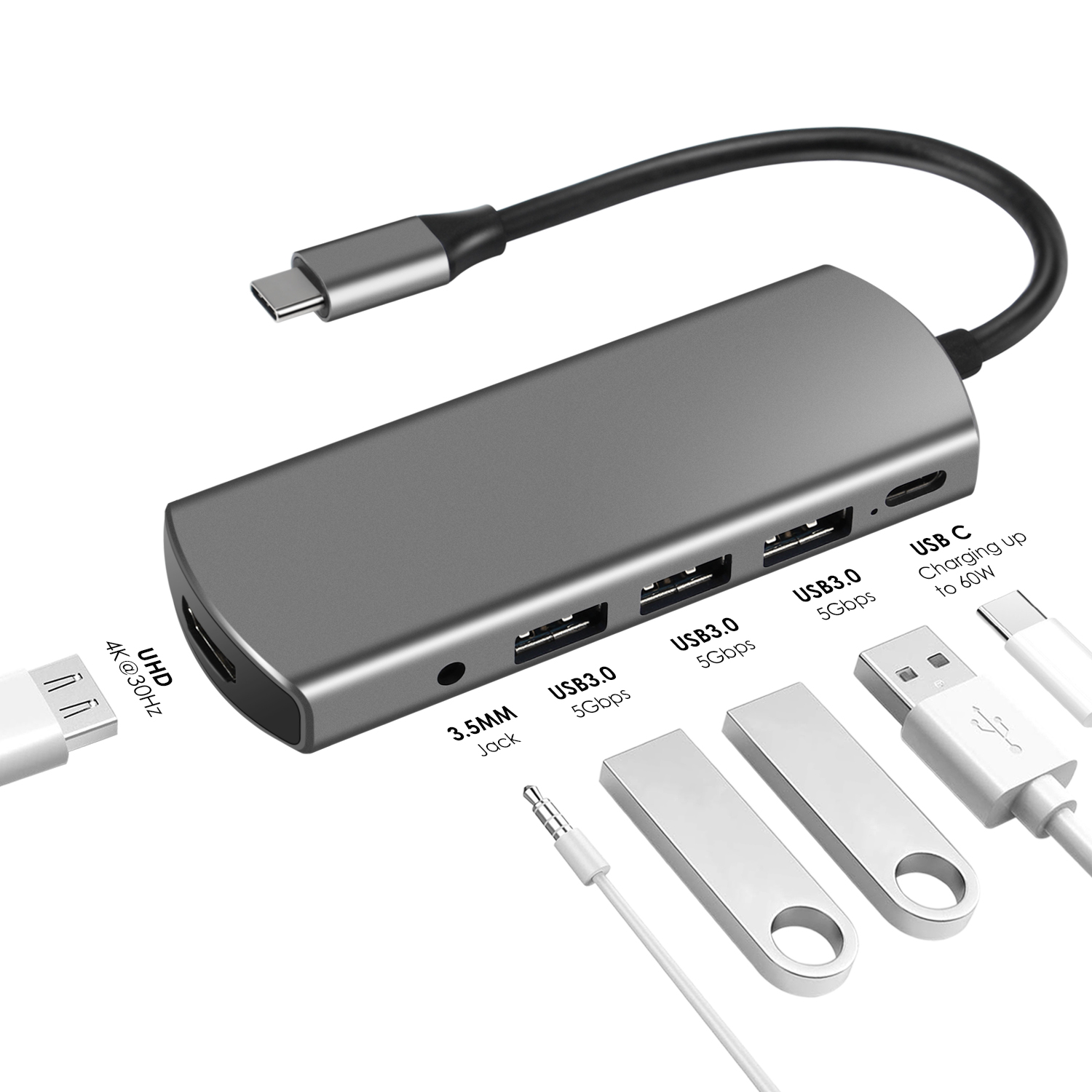 Concentrador USB C de aluminio multipuerto tipo c con puerto de audio USB3.0 * 3 PD HDMI + para computadora portátil tipo C