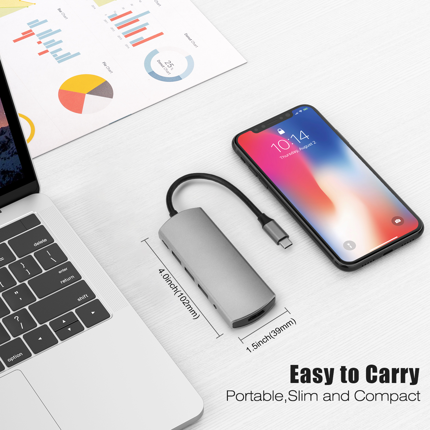 Concentrador USB C de aluminio multipuerto tipo c con puerto de audio USB3.0 * 3 PD HDMI + para computadora portátil tipo C