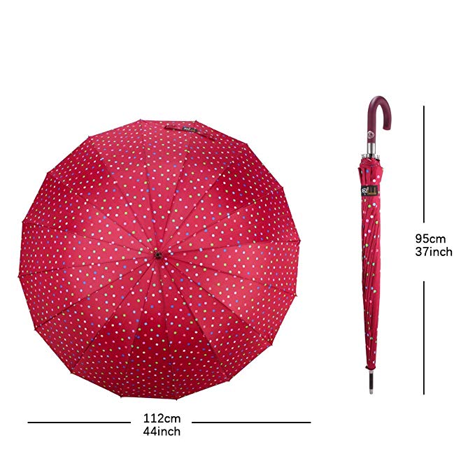 Classic Red 50 Inches Polka Dot Print 16 Ribs Automático Abierto A prueba de viento A prueba de viento Stick Paraguas con Mango en J
