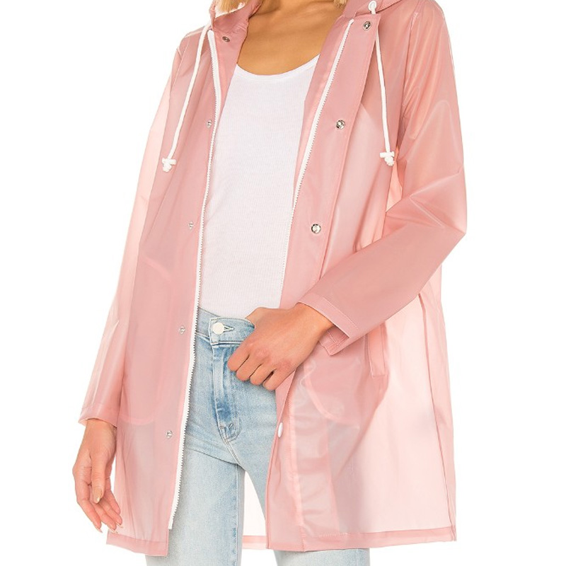Fashion long sleeve hooded rain coat wholesale womens rain coat
