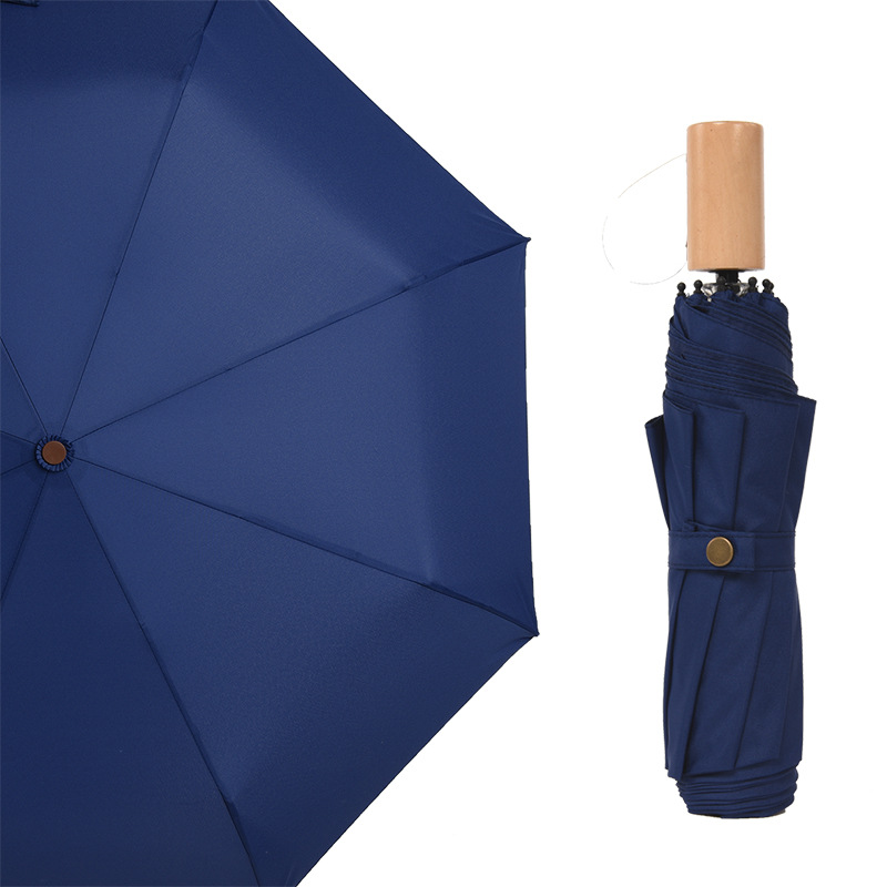 custom pongee fabric 3fold umbrella promotional rain umbrella wooden handle high quality