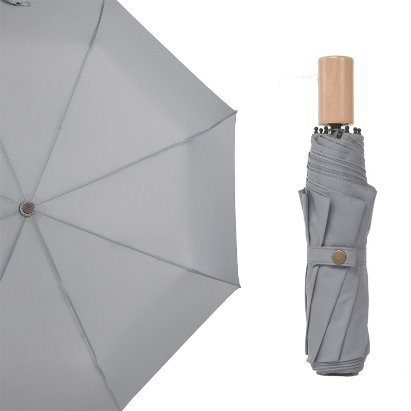 custom pongee fabric 3fold umbrella promotional rain umbrella wooden handle wholesale