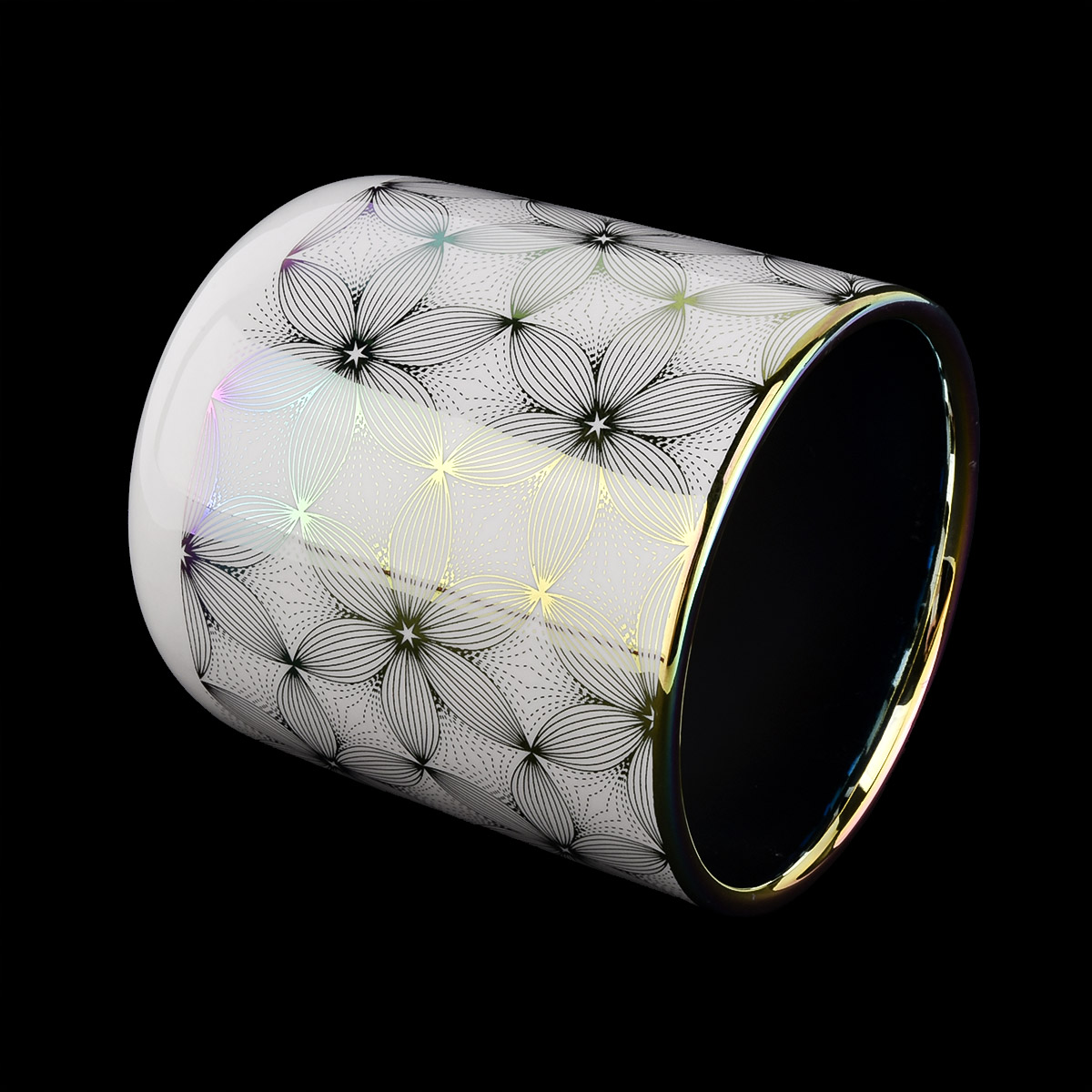 iridescent ceramic candle jar with silver artwork