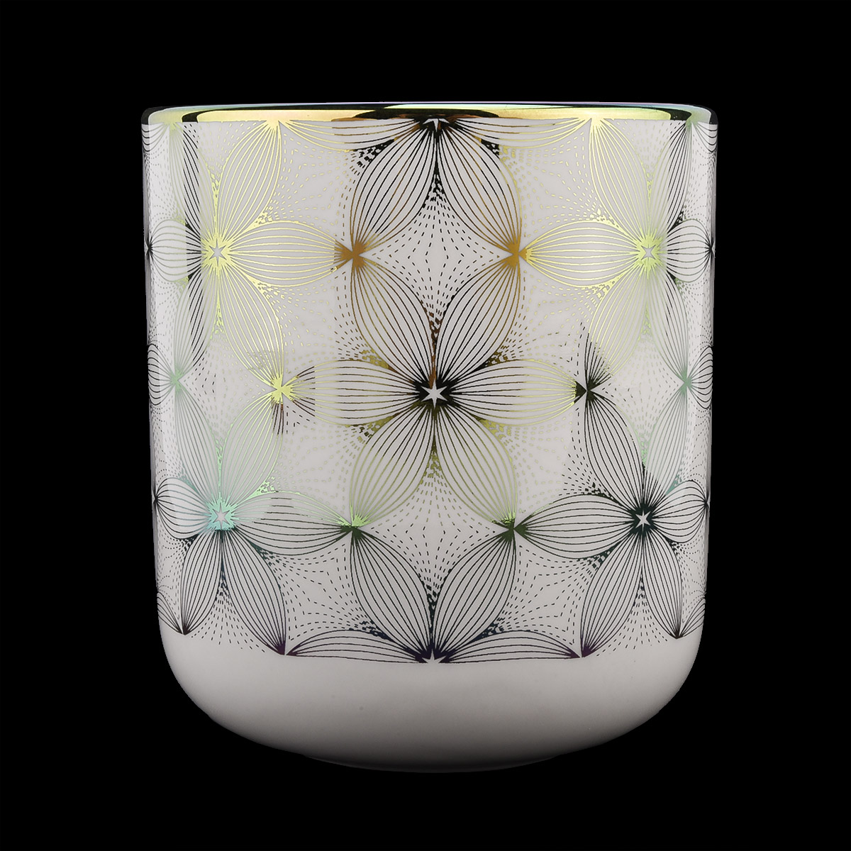 iridescent ceramic candle jar with silver artwork