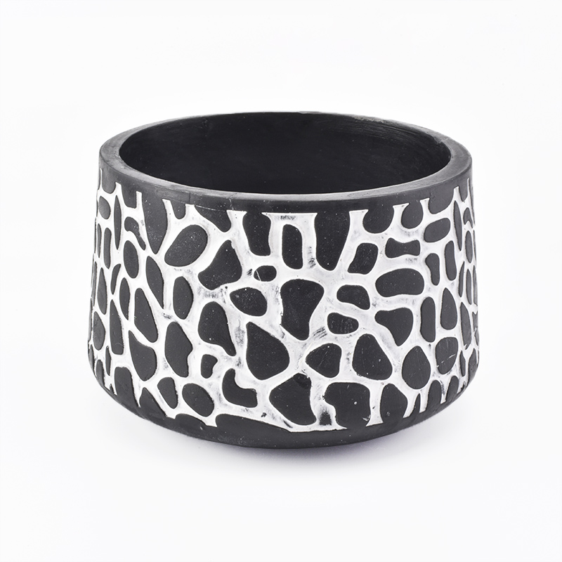 Portacandele in cemento nero 26 once con decoro bianco