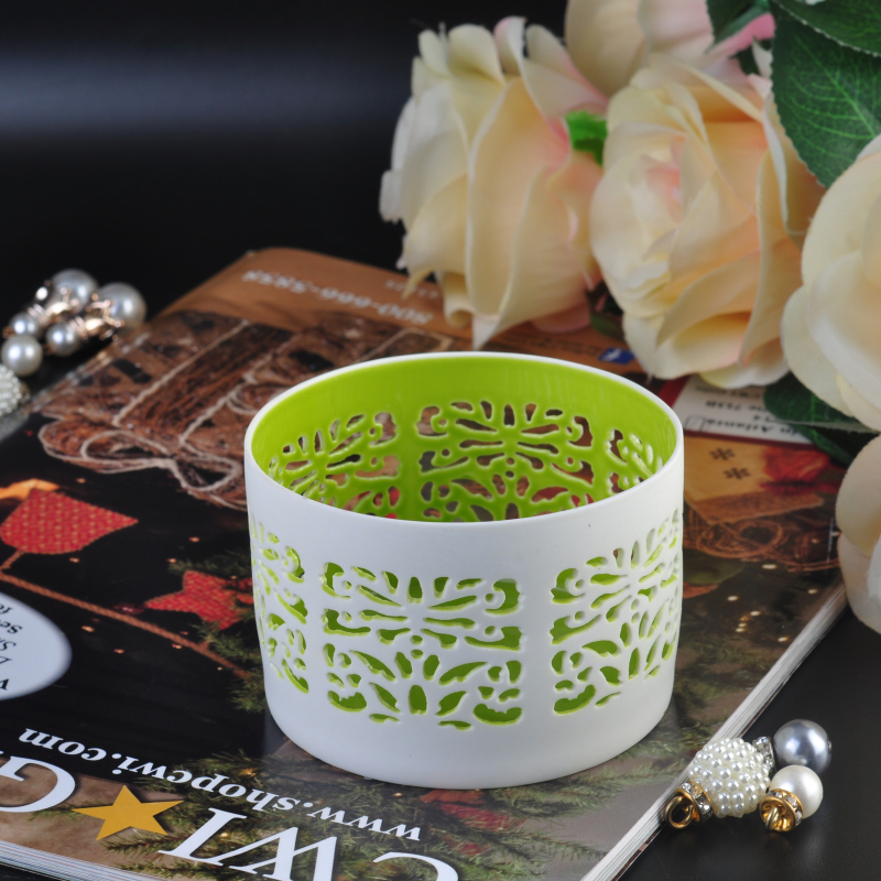 3'' White Ceramic Candle Holder With Green Inner