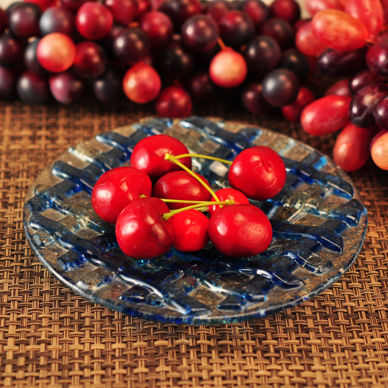 7 ' redondo placa de vidro com tecido xadrez azul